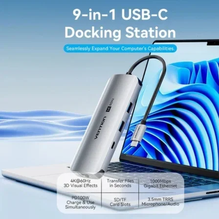 Vention Hub USB-C Multipuerto TQMHB 1xHDMI 4K 2xUSB-A 1xUSB-C 1xJack 3.5mm 1xRJ45 1xUSB-C PD 1xLector Tarjetas Gris